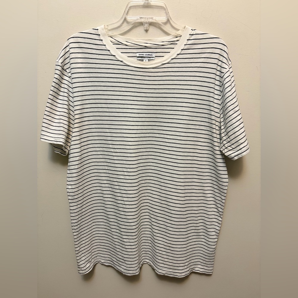 BANKS JOURNAL Men's Black and Off-White Striped T-Shirt
